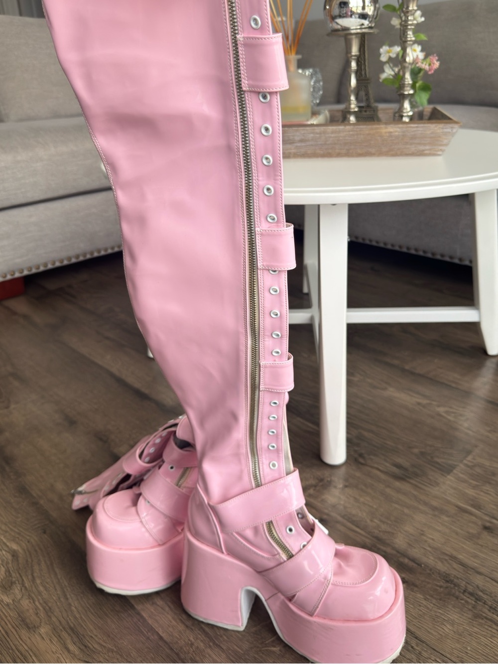 DEMONIA Platform Knee-High Buckle Boots - Pink - Picture 2 of 11